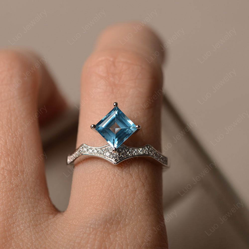 Vintage Kite Set Princess Cut Swiss Blue Topaz Ring - LUO Jewelry