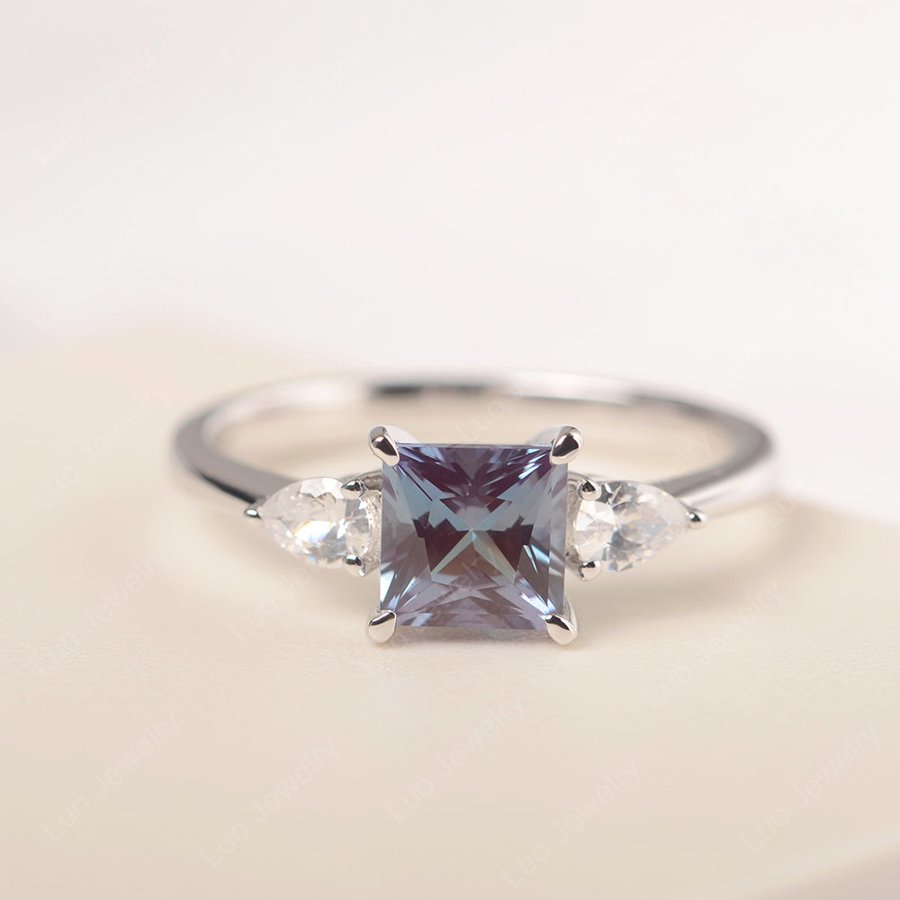 Princess Cut Alexandrite Ring With Pear Side Stone - LUO Jewelry