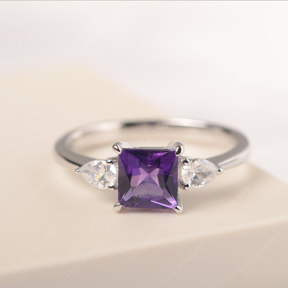 Princess Cut Amethyst Ring With Pear Side Stone - LUO Jewelry