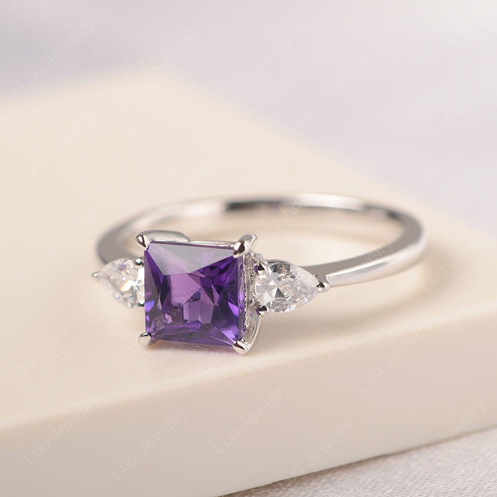 Princess Cut Amethyst Ring With Pear Side Stone - LUO Jewelry