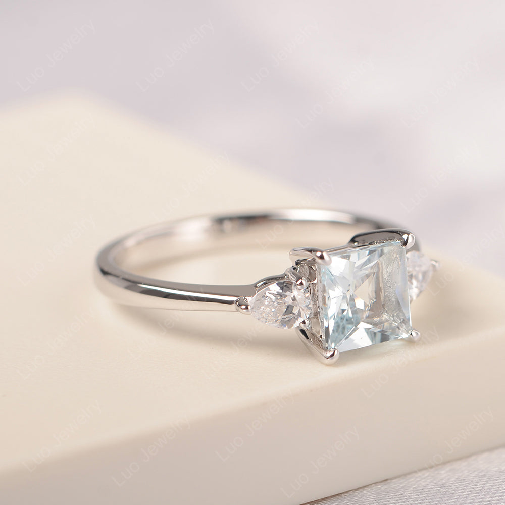 Princess Cut Aquamarine Ring With Pear Side Stone - LUO Jewelry