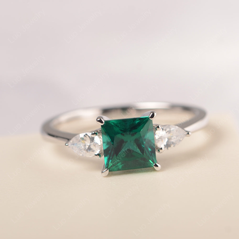 Princess Cut Lab Emerald Ring With Pear Side Stone - LUO Jewelry