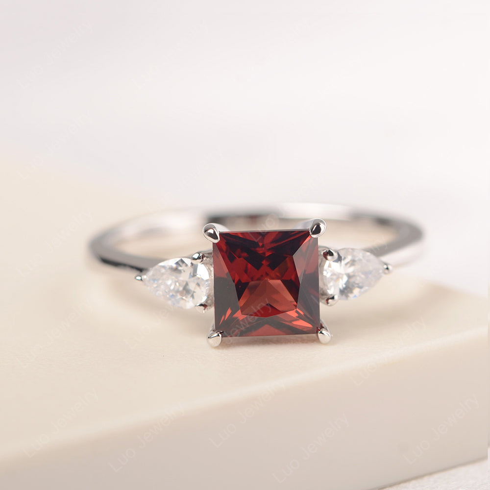 Princess Cut Garnet Ring With Pear Side Stone - LUO Jewelry