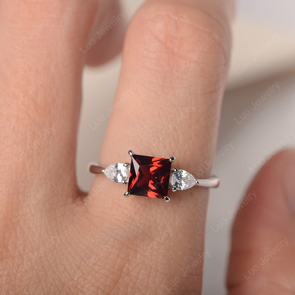 Princess Cut Garnet Ring With Pear Side Stone - LUO Jewelry