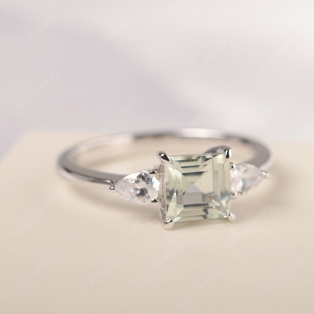 Square Cut Green Amethyst Ring With Pear Side Stone - LUO Jewelry