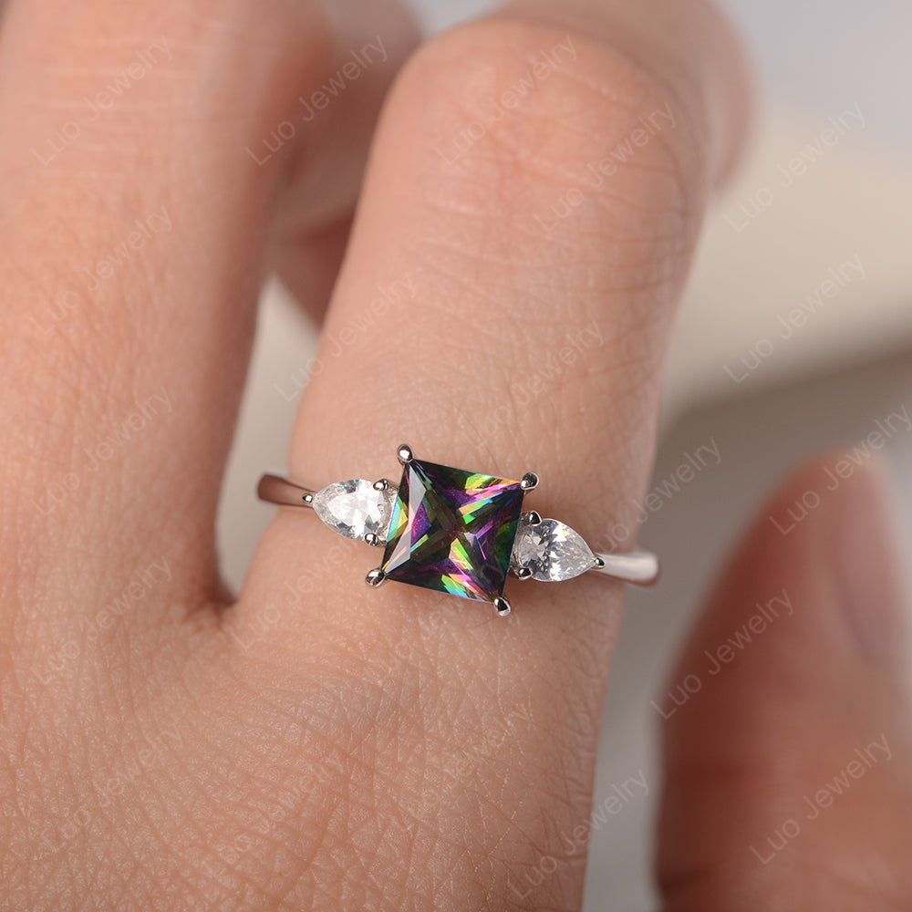 Princess Cut Mystic Topaz Ring With Pear Side Stone - LUO Jewelry