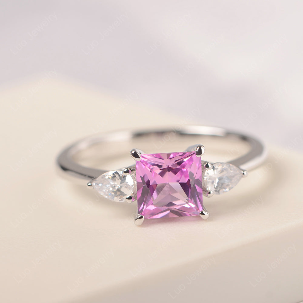 Princess Cut Pink Sapphire Ring With Pear Side Stone - LUO Jewelry