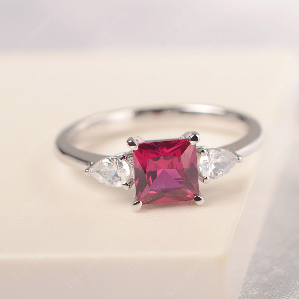 Princess Cut Ruby Ring With Pear Side Stone - LUO Jewelry