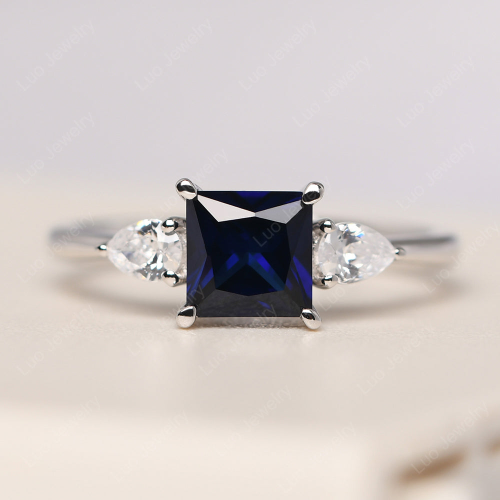 Princess Cut Lab Sapphire Ring With Pear Side Stone - LUO Jewelry