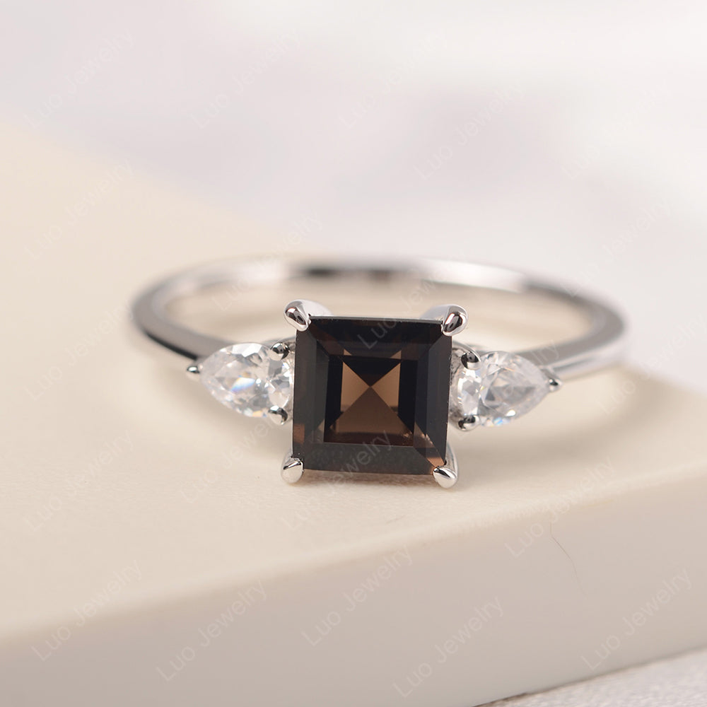 Square Cut Smoky Quartz  Ring With Pear Side Stone - LUO Jewelry