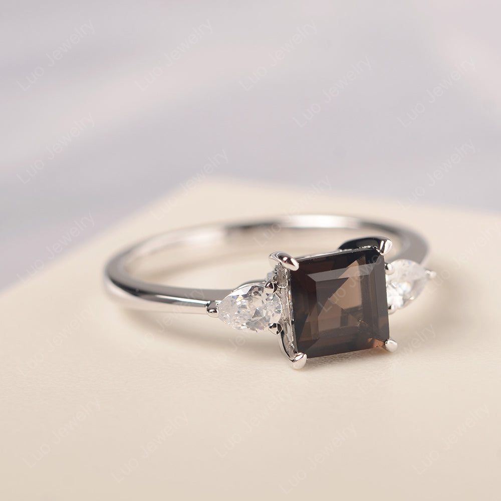 Square Cut Smoky Quartz  Ring With Pear Side Stone - LUO Jewelry