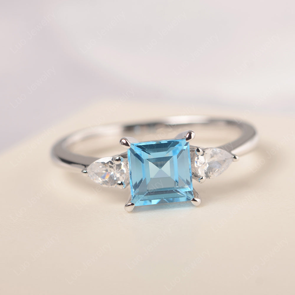 Square Cut Swiss Blue Topaz Ring With Pear Side Stone - LUO Jewelry