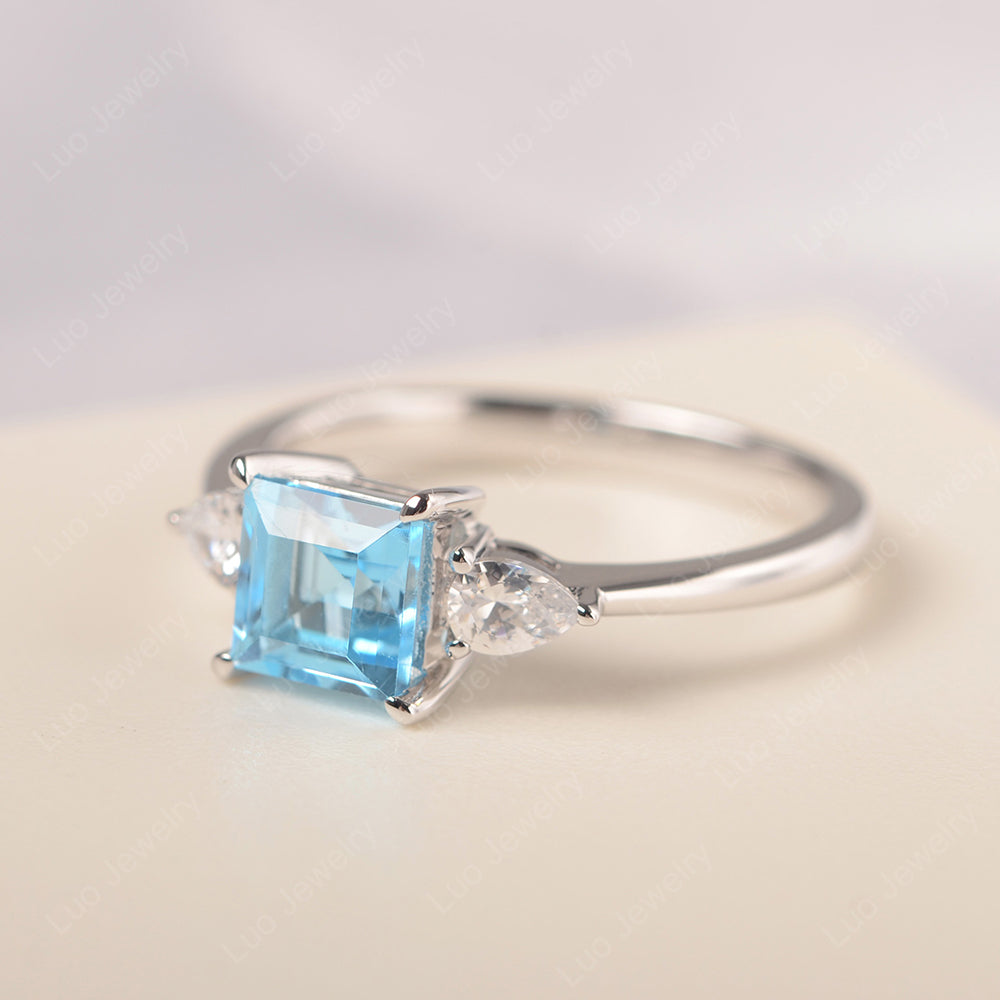 Square Cut Swiss Blue Topaz Ring With Pear Side Stone - LUO Jewelry