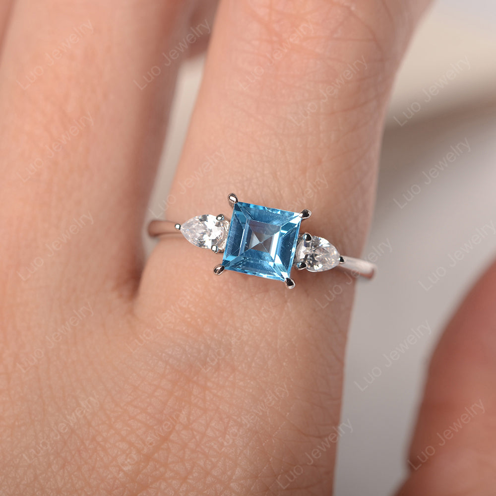 Square Cut Swiss Blue Topaz Ring With Pear Side Stone - LUO Jewelry