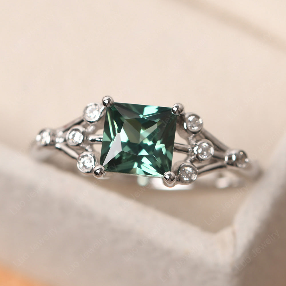Princess Cut Green Sapphire Ring Art Deco Silver - LUO Jewelry