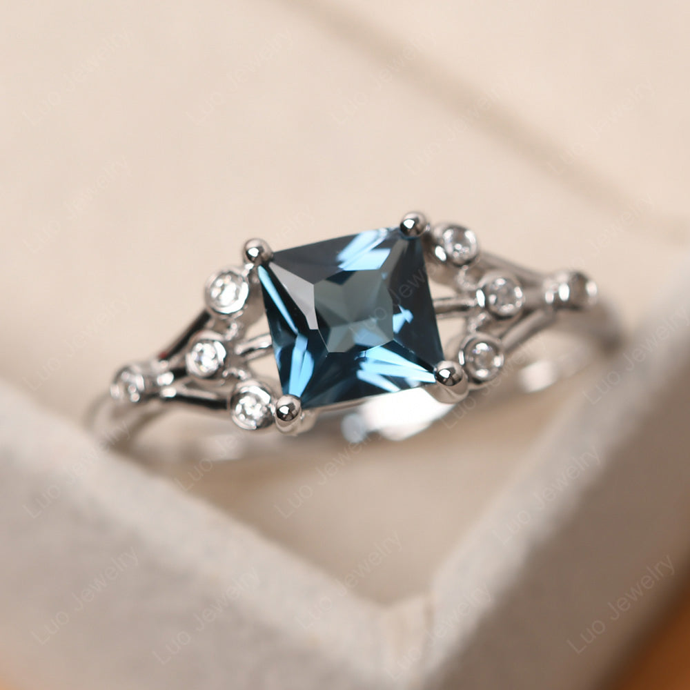 Princess Cut London Blue Topaz Ring Art Deco Silver - LUO Jewelry