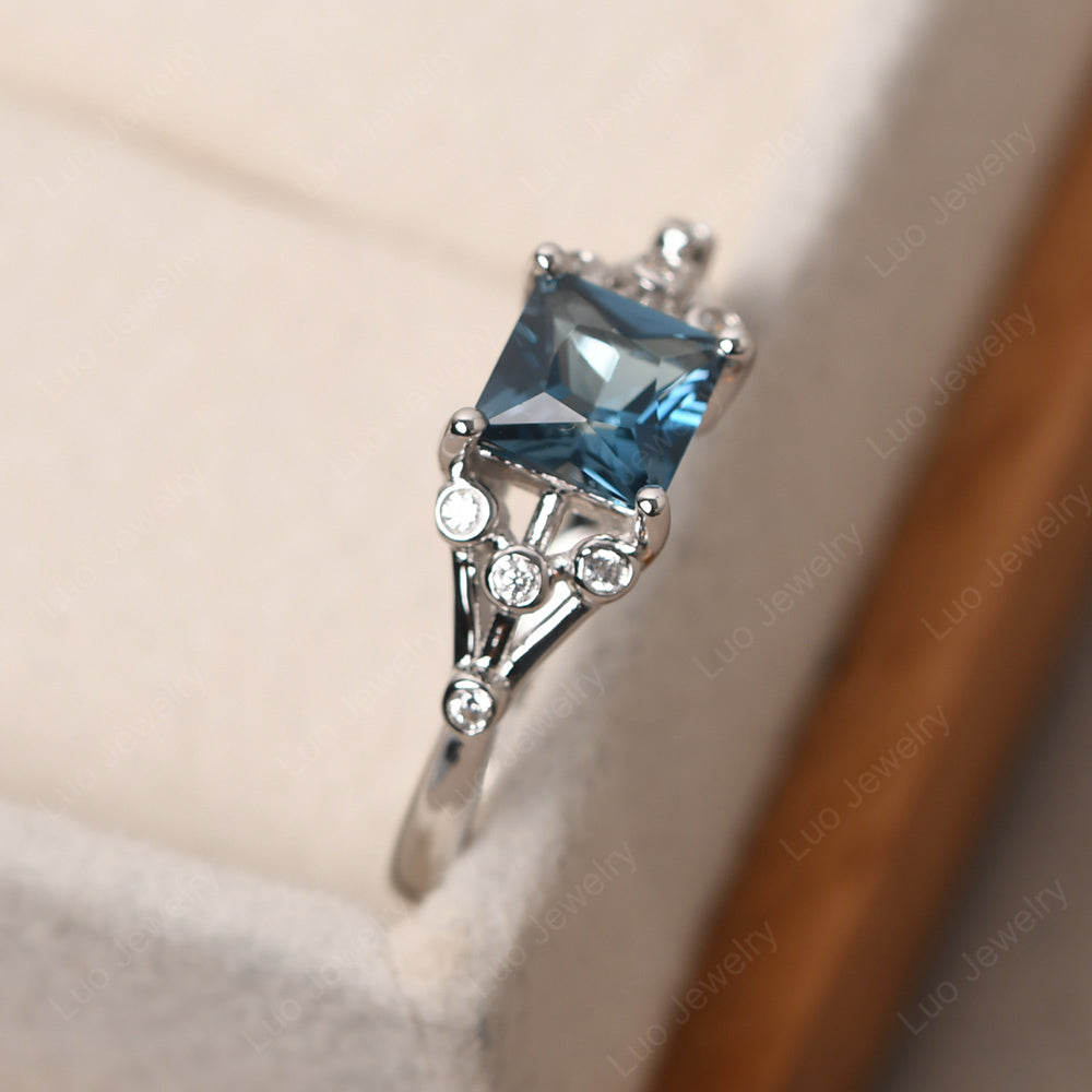 Princess Cut London Blue Topaz Ring Art Deco Silver - LUO Jewelry
