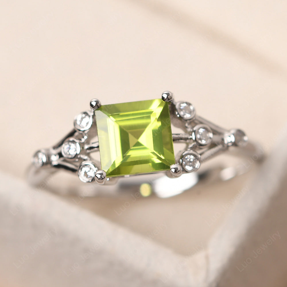 Square Cut Peridot Ring Art Deco Silver - LUO Jewelry