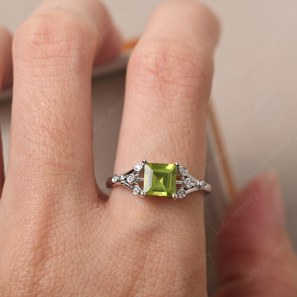 Square Cut Peridot Ring Art Deco Silver - LUO Jewelry