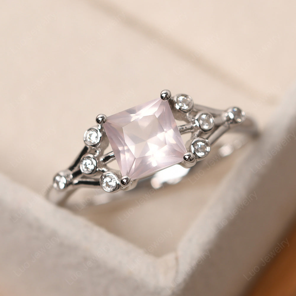 Princess Cut Rose Quartz Ring Art Deco Silver - LUO Jewelry