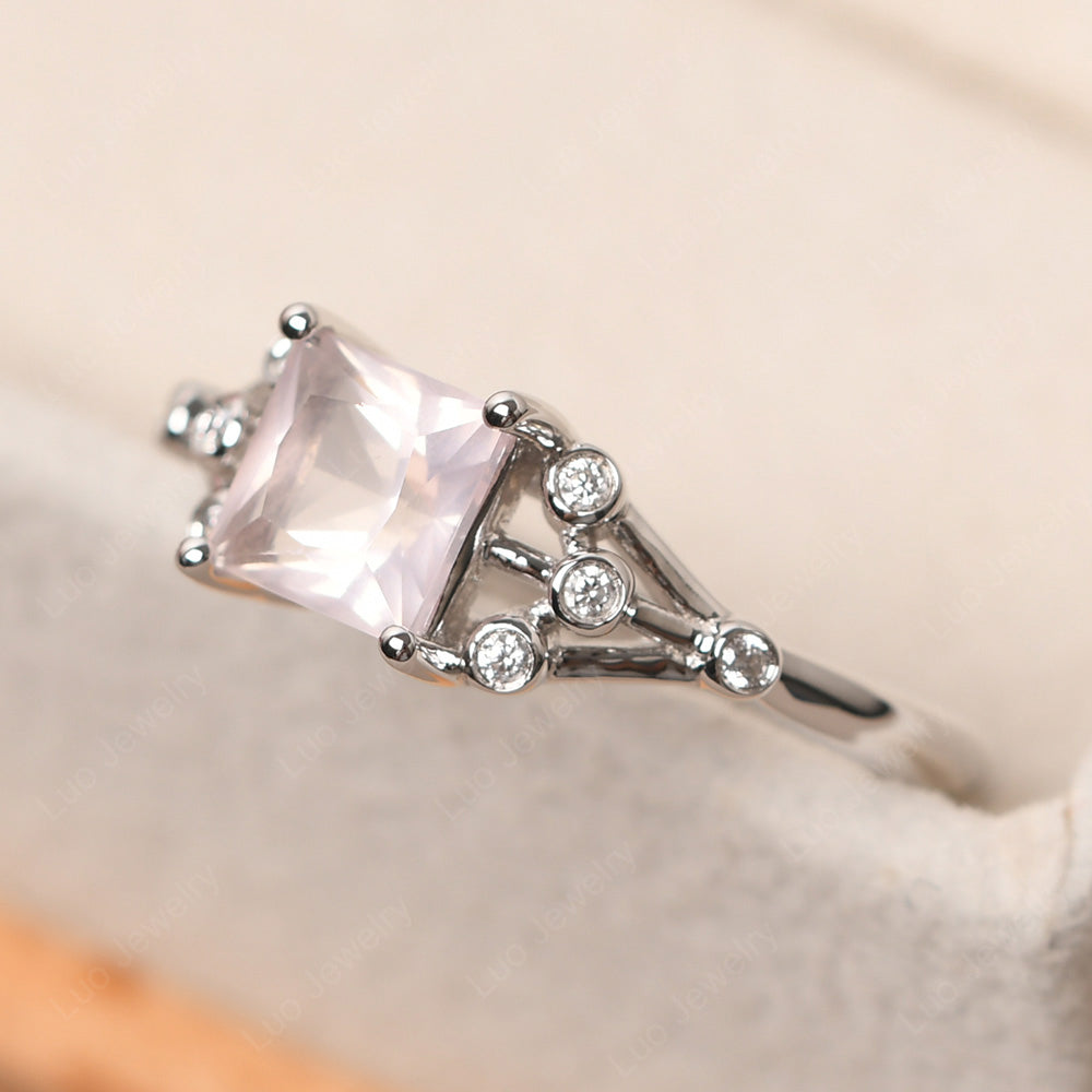 Princess Cut Rose Quartz Ring Art Deco Silver - LUO Jewelry