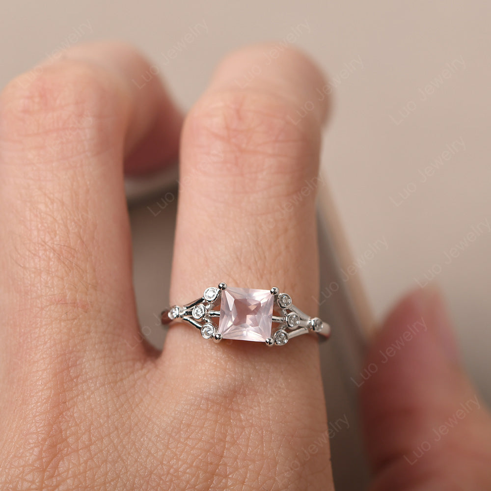 Princess Cut Rose Quartz Ring Art Deco Silver - LUO Jewelry