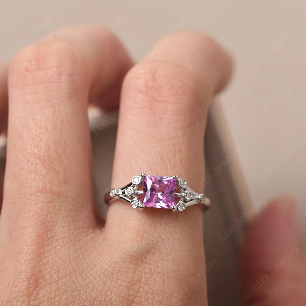 Princess Cut Pink Sapphire Ring Art Deco Silver - LUO Jewelry