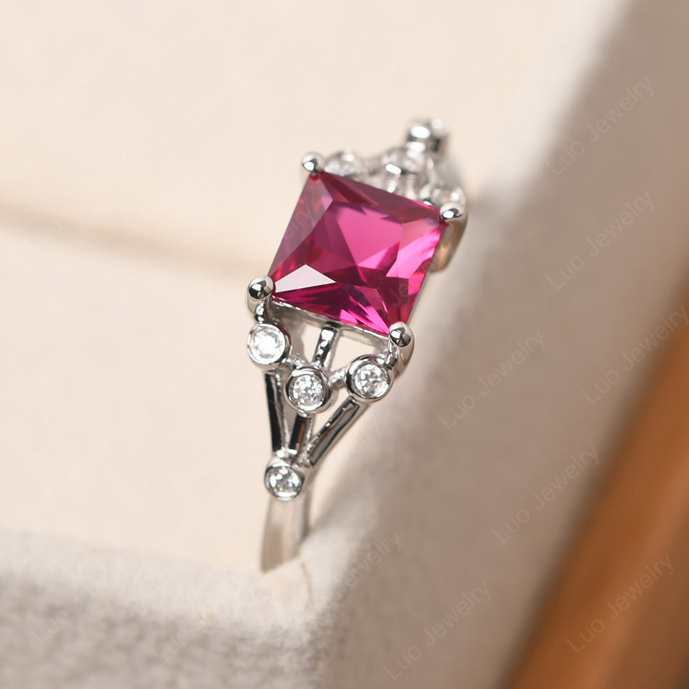 Princess Cut Ruby Ring Art Deco Silver - LUO Jewelry