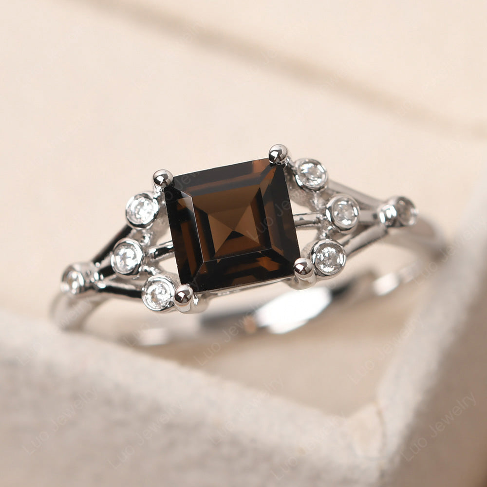 Square Cut Smoky Quartz  Ring Art Deco Silver - LUO Jewelry