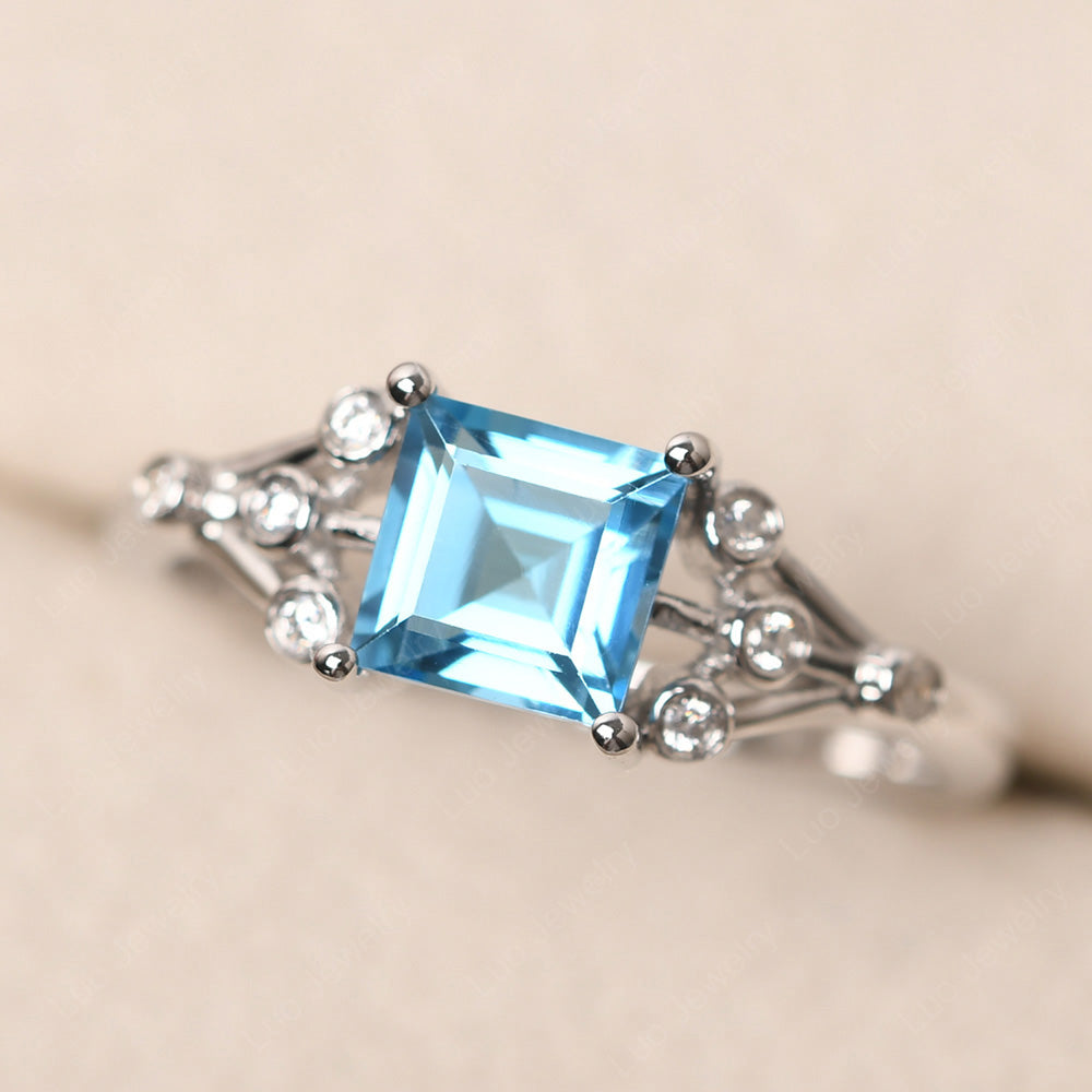 Square Cut Swiss Blue Topaz Ring Art Deco Silver - LUO Jewelry