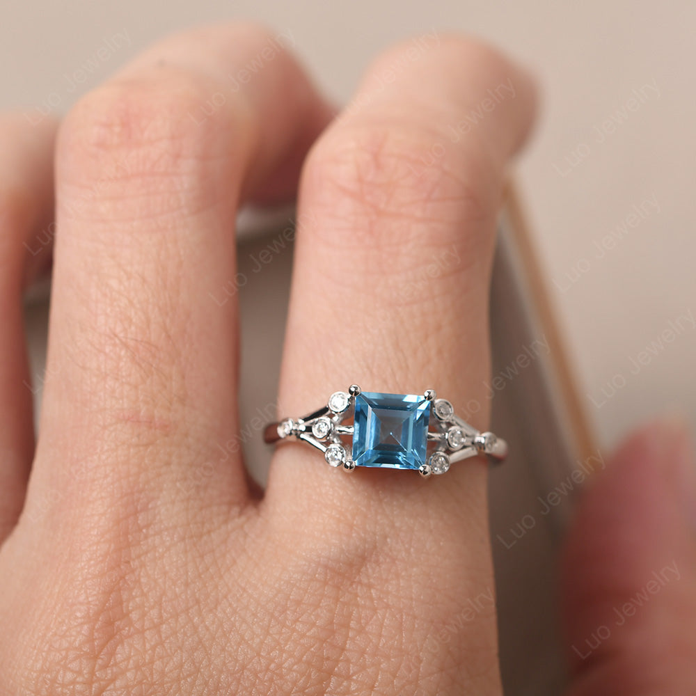 Square Cut Swiss Blue Topaz Ring Art Deco Silver - LUO Jewelry