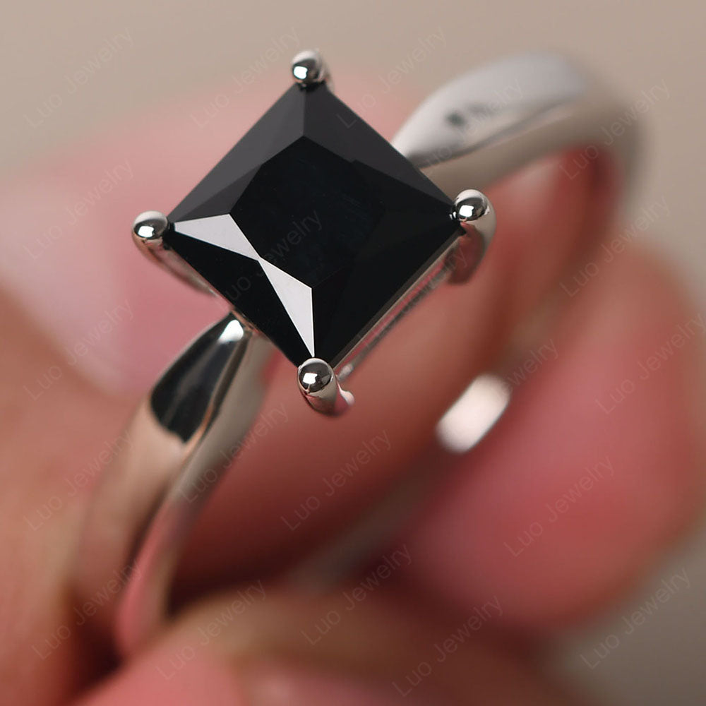 Black Spinel Solitaire Princess Cut Engagement Ring - LUO Jewelry