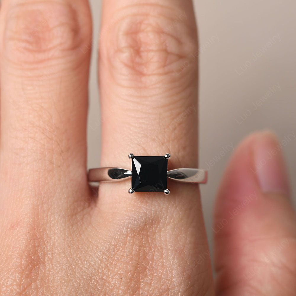 Black Spinel Solitaire Princess Cut Engagement Ring - LUO Jewelry