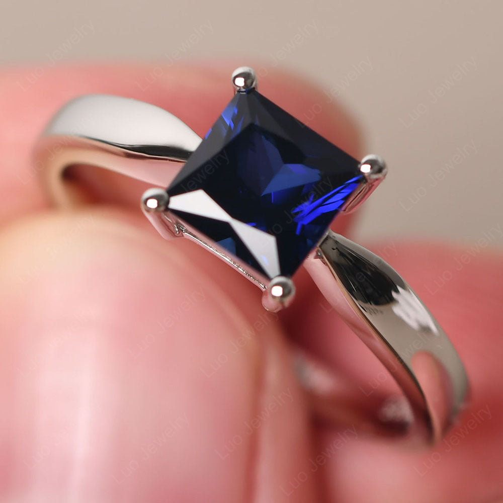 Lab Sapphire Solitaire Princess Cut Engagement Ring - LUO Jewelry