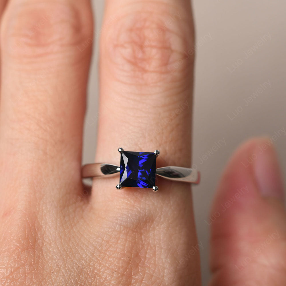 Lab Sapphire Solitaire Princess Cut Engagement Ring - LUO Jewelry