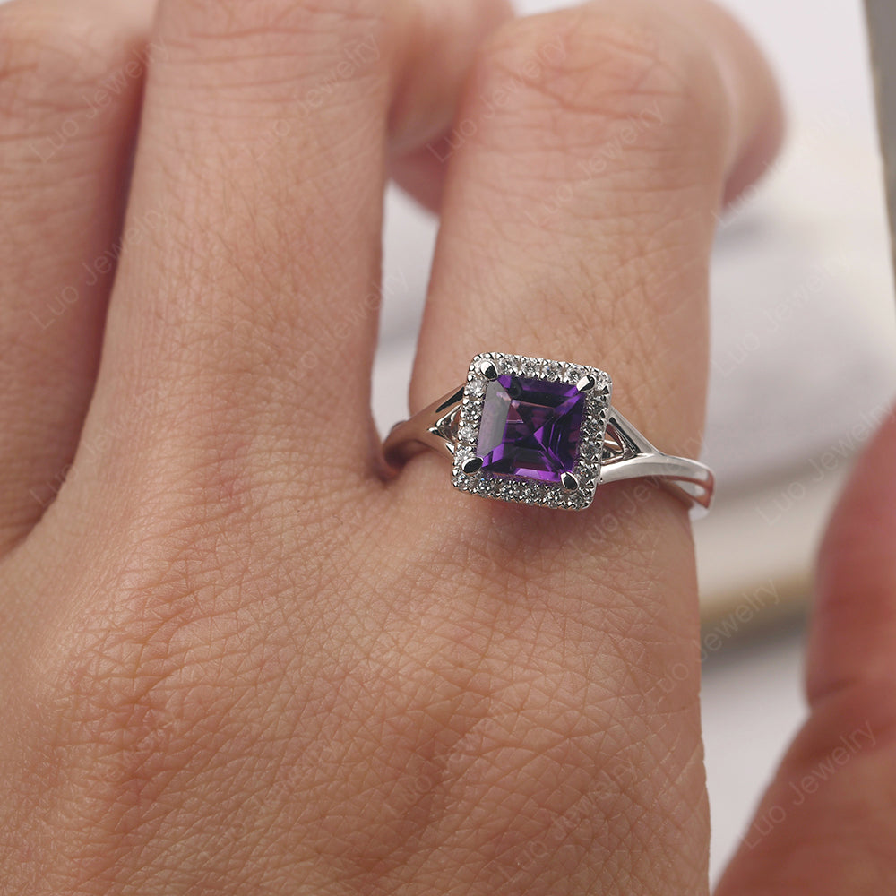 Amethyst Split Shank Halo Engagement Rings - LUO Jewelry