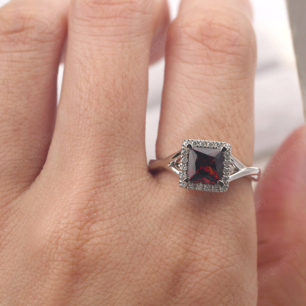 Garnet Split Shank Halo Engagement Rings - LUO Jewelry