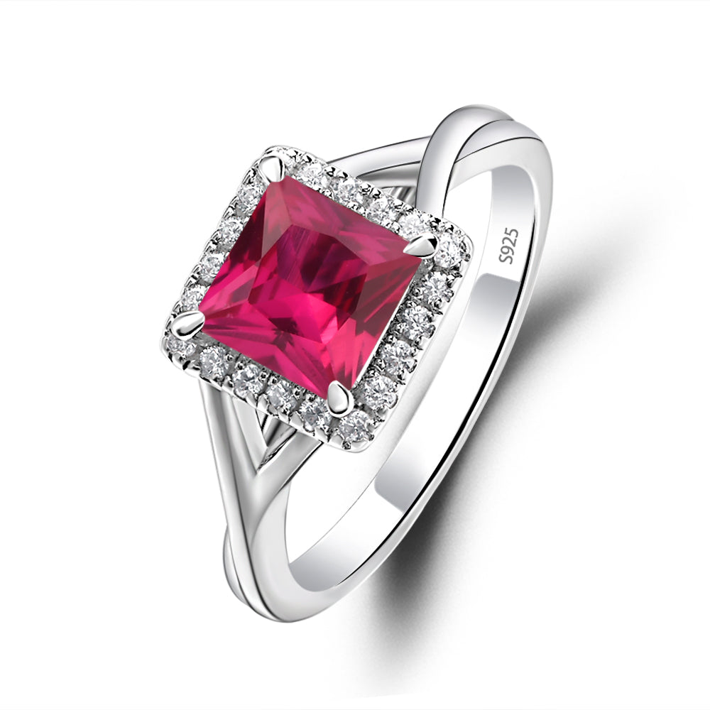 Ruby Split Shank Halo Engagement Rings - LUO Jewelry