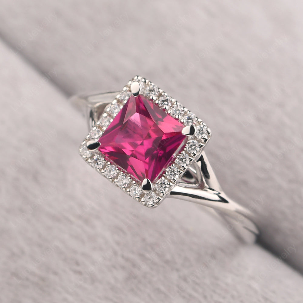 Ruby Split Shank Halo Engagement Rings - LUO Jewelry