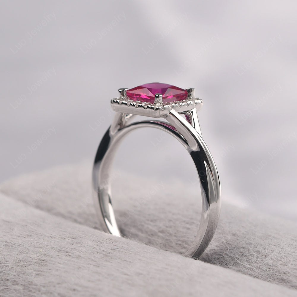 Ruby Split Shank Halo Engagement Rings - LUO Jewelry