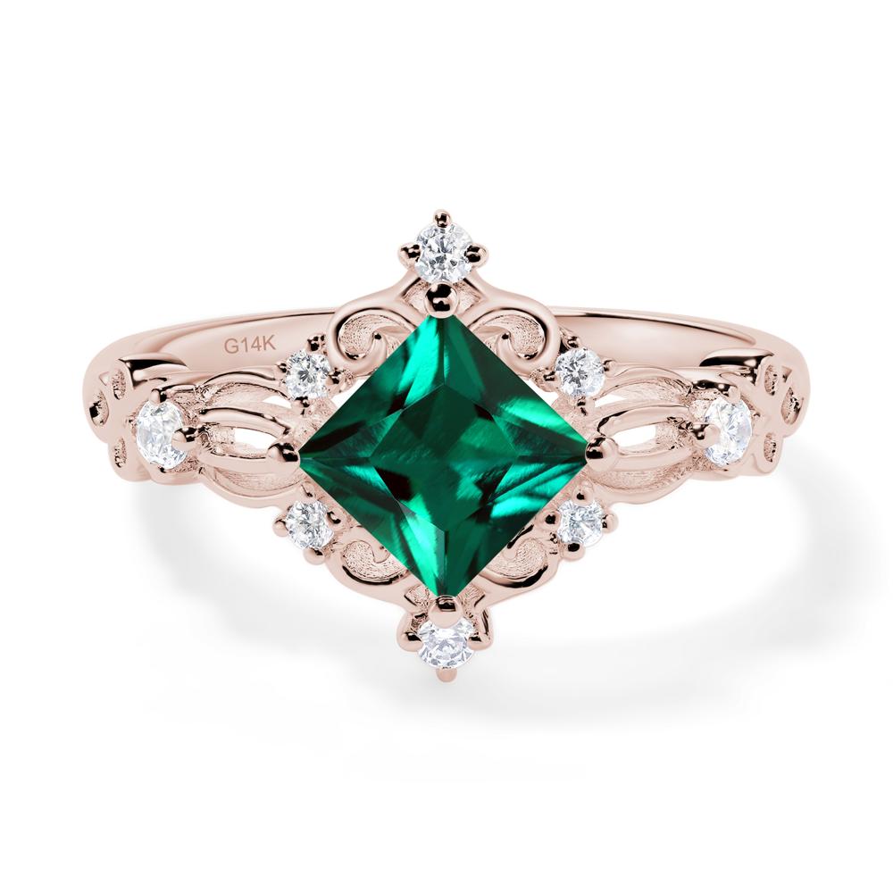 Princess Cut Art Deco Lab Grown Emerald Ring - LUO Jewelry #metal_14k rose gold