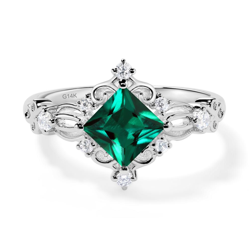 Princess Cut Art Deco Lab Grown Emerald Ring - LUO Jewelry #metal_14k white gold