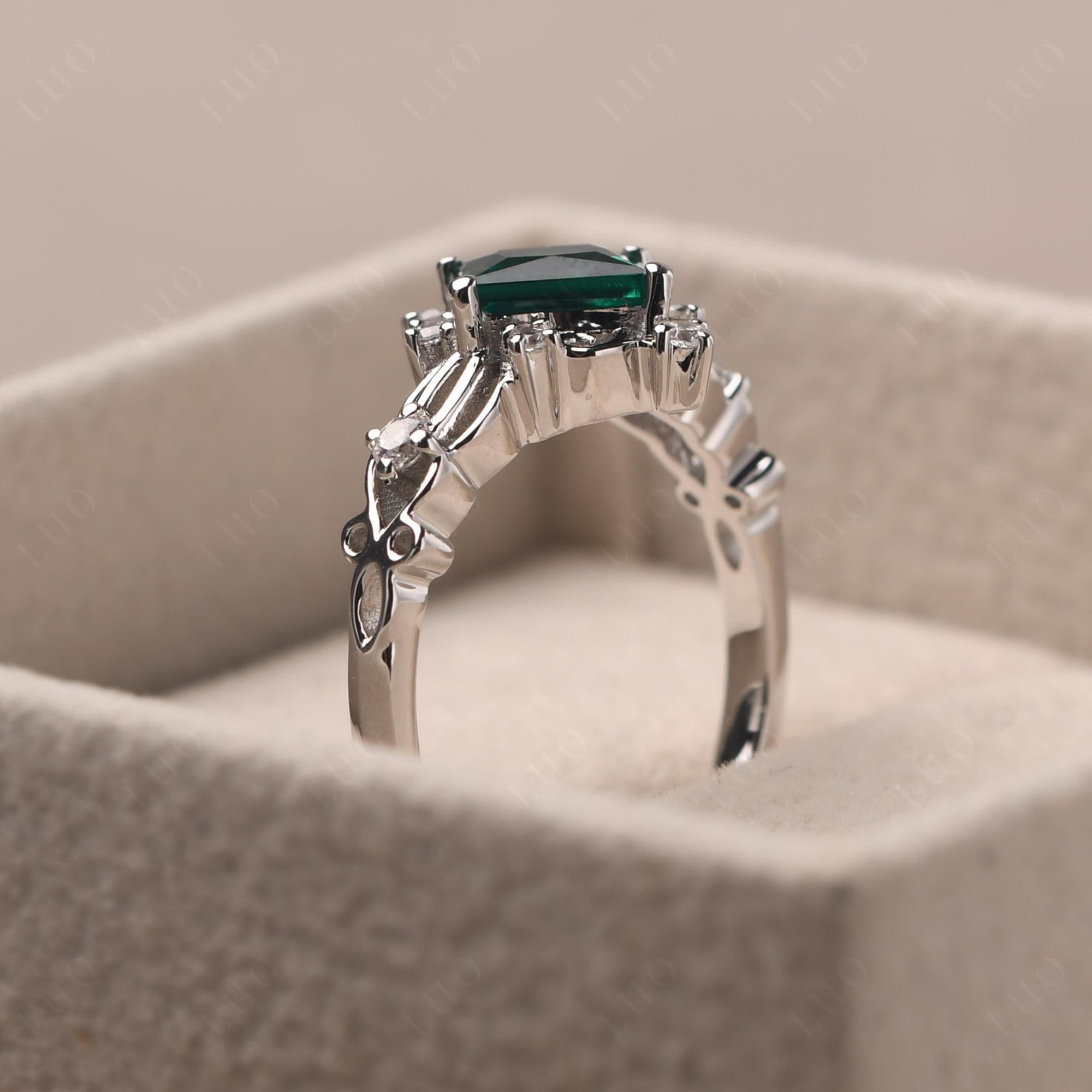 Princess Cut Art Deco Lab Grown Emerald Ring - LUO Jewelry
