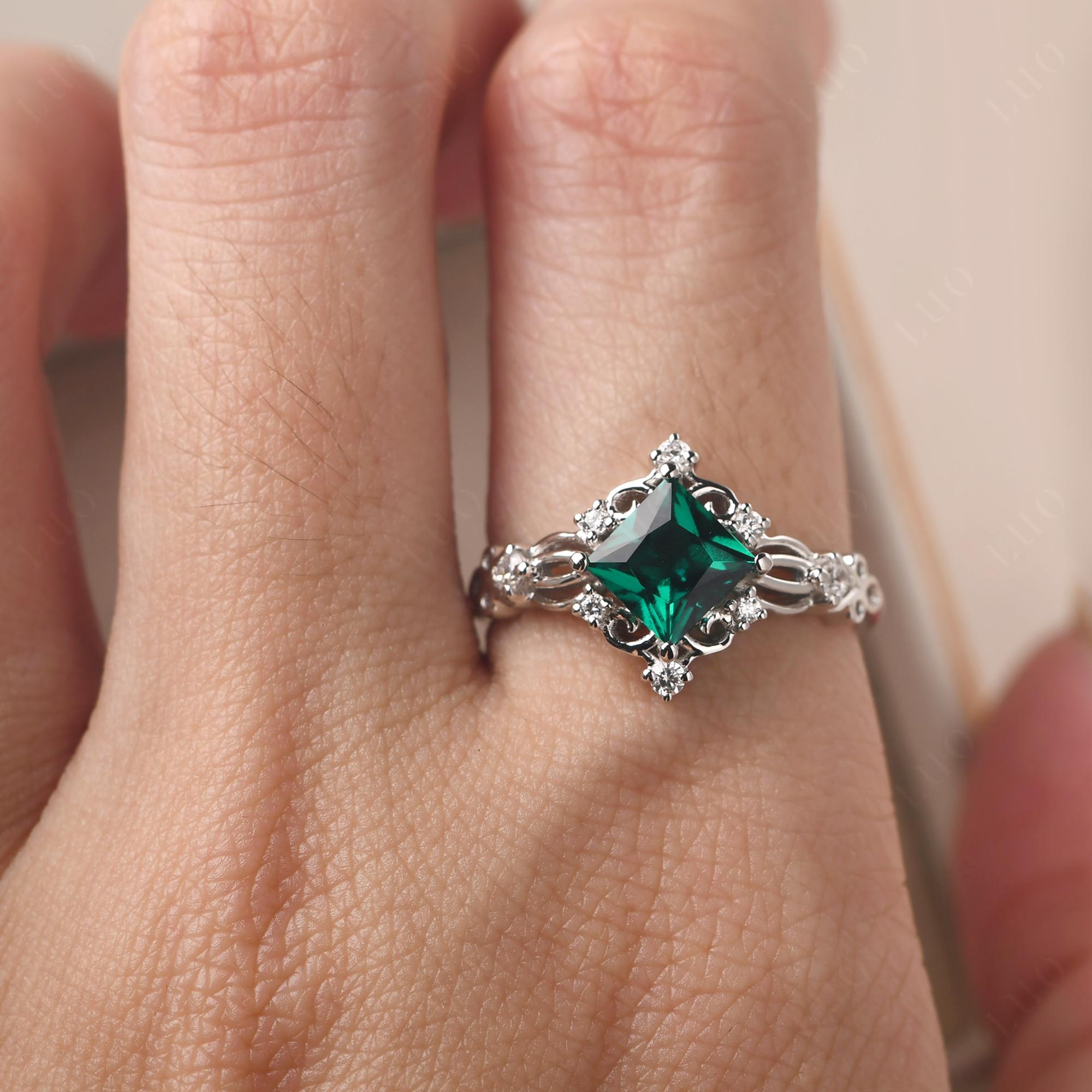 Princess Cut Art Deco Lab Grown Emerald Ring - LUO Jewelry