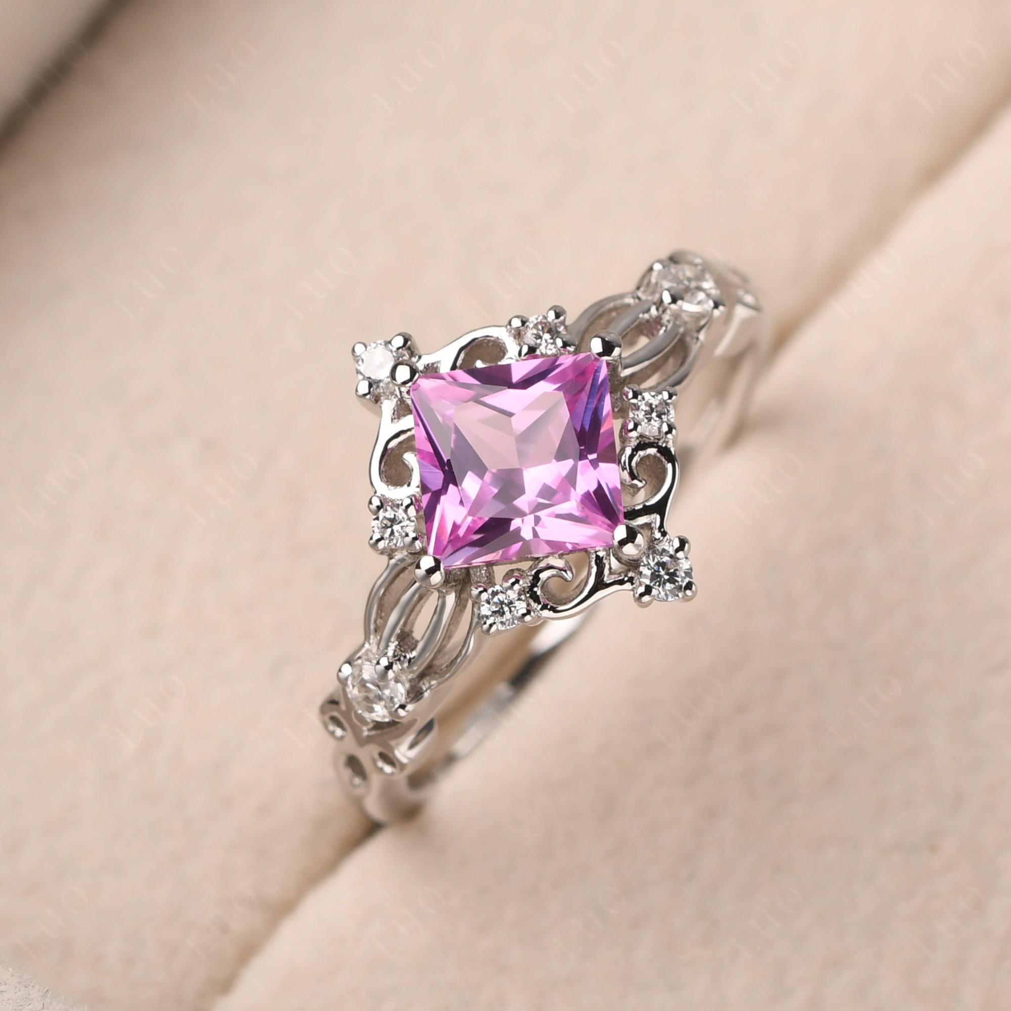 Princess Cut Art Deco Pink Sapphire Ring - LUO Jewelry