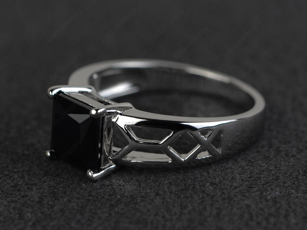 Black Stone Solitaire Ring Wide Band Silver - LUO Jewelry