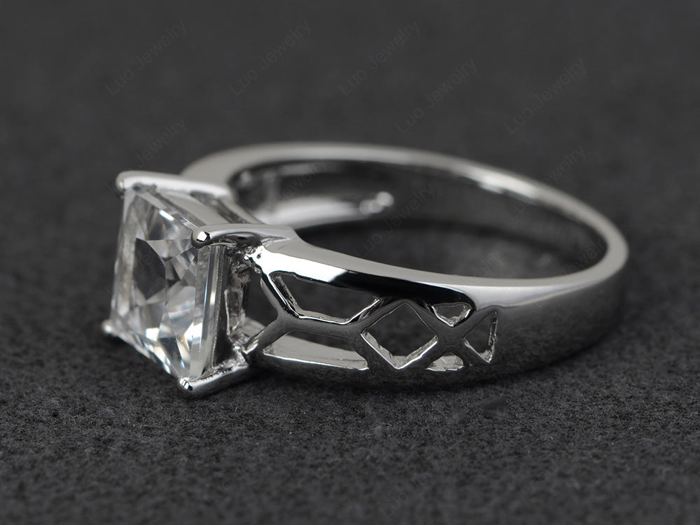 White Topaz Solitaire Ring Wide Band Silver - LUO Jewelry