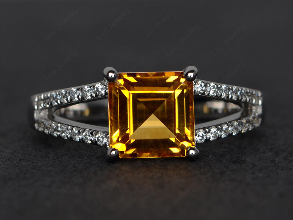 Square Cut Citrine Split Shank Wedding Ring - LUO Jewelry