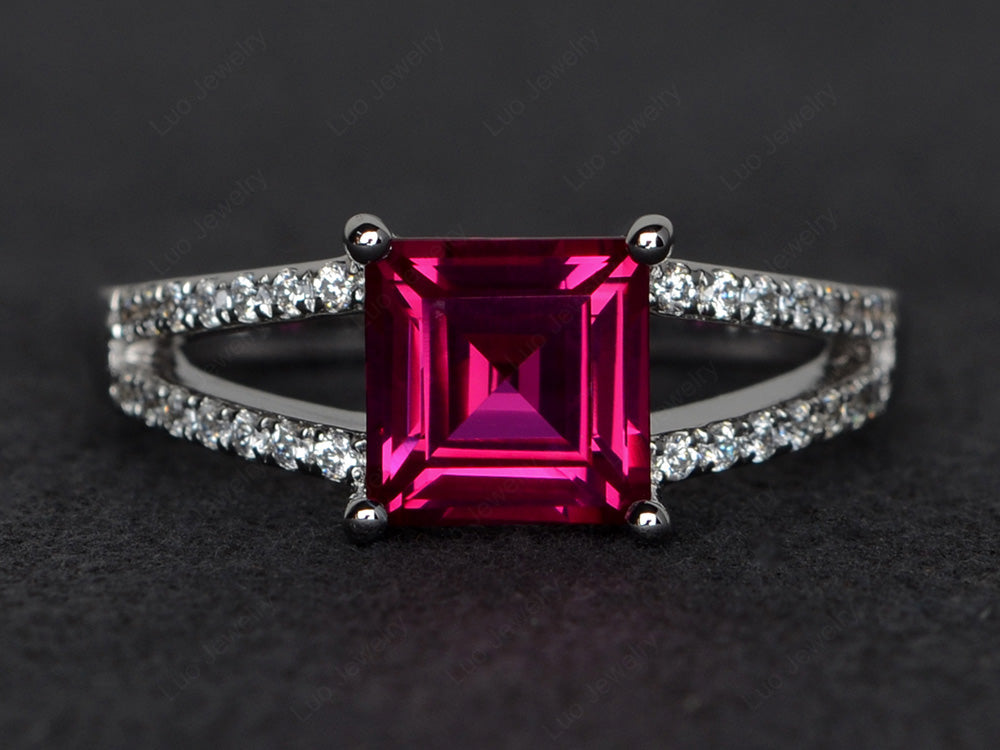 Square Cut Ruby Split Shank Wedding Ring - LUO Jewelry