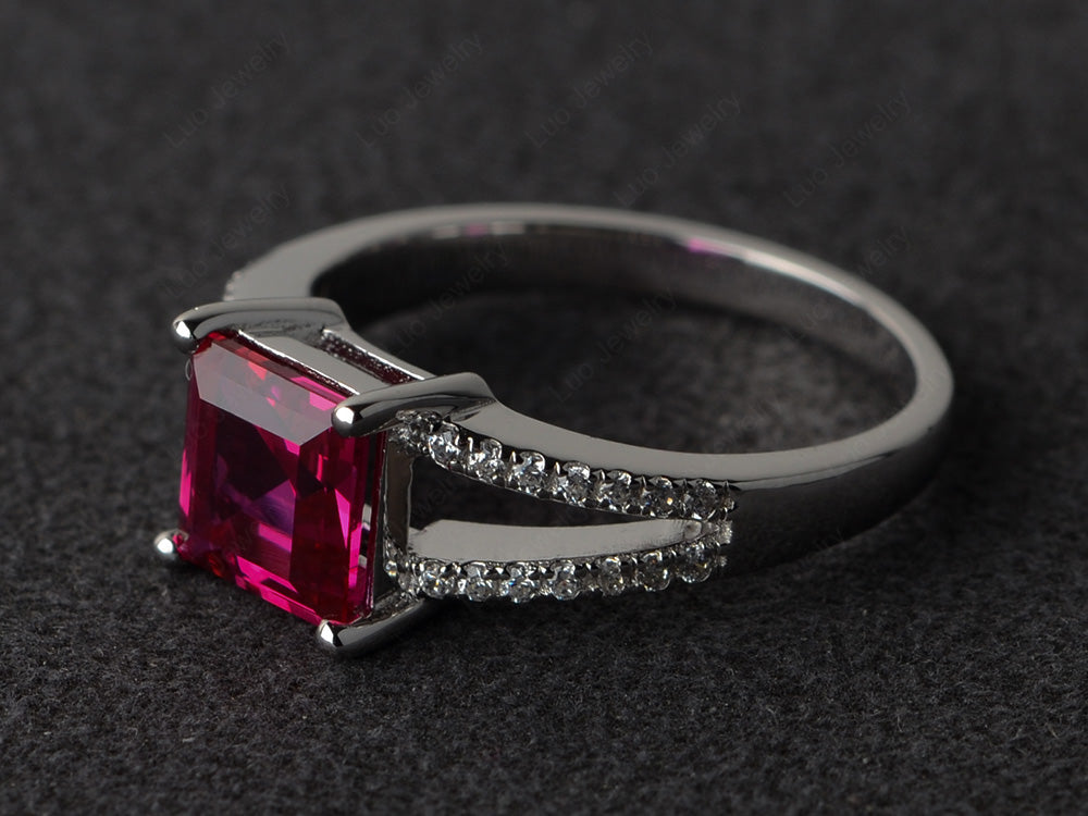 Square Cut Ruby Split Shank Wedding Ring - LUO Jewelry